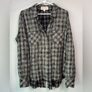 Cloth & Stone Anthropologie Plaid Raw Hem Split Back Button Down Top Large